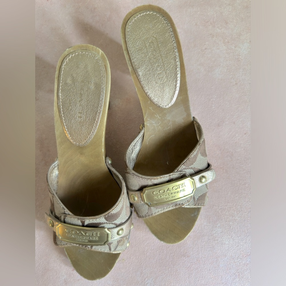 COACH gold and brown wood wedge heels